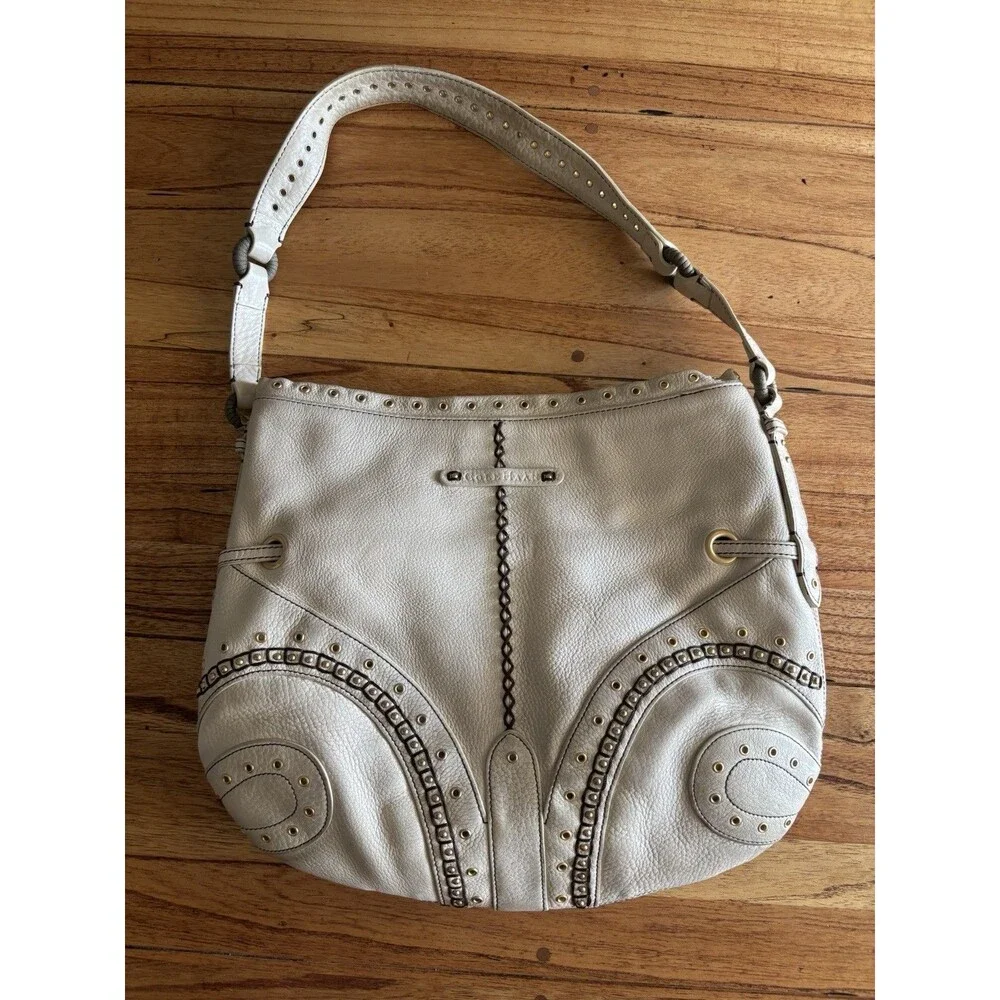 Cole Haan Light Beige Leather Shoulder Purse Whipstitch Detail